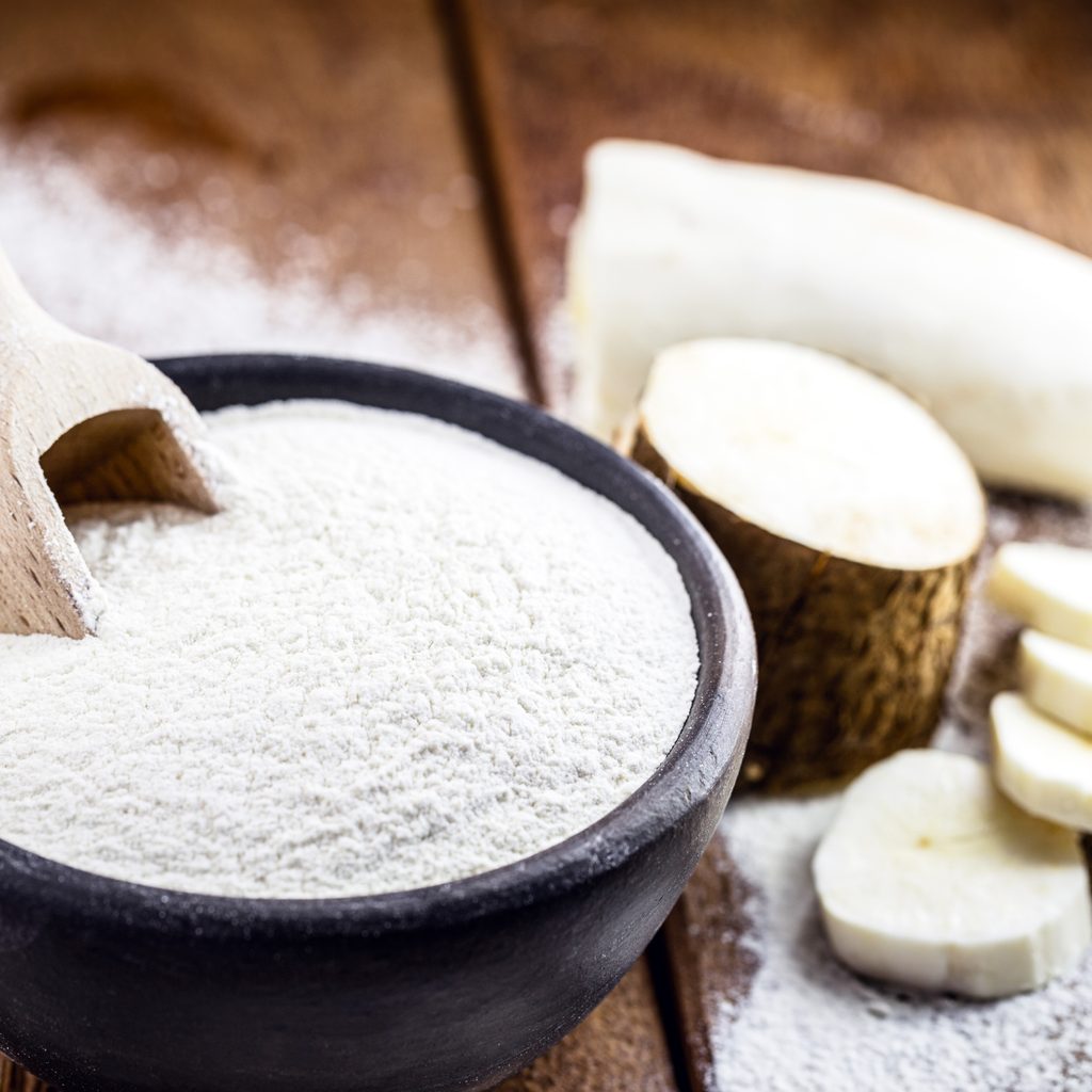 homemade cassava flour in clay bowl