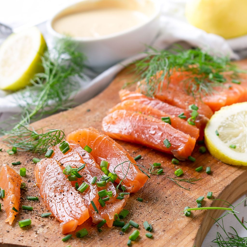Salmon on a wood cutting board
