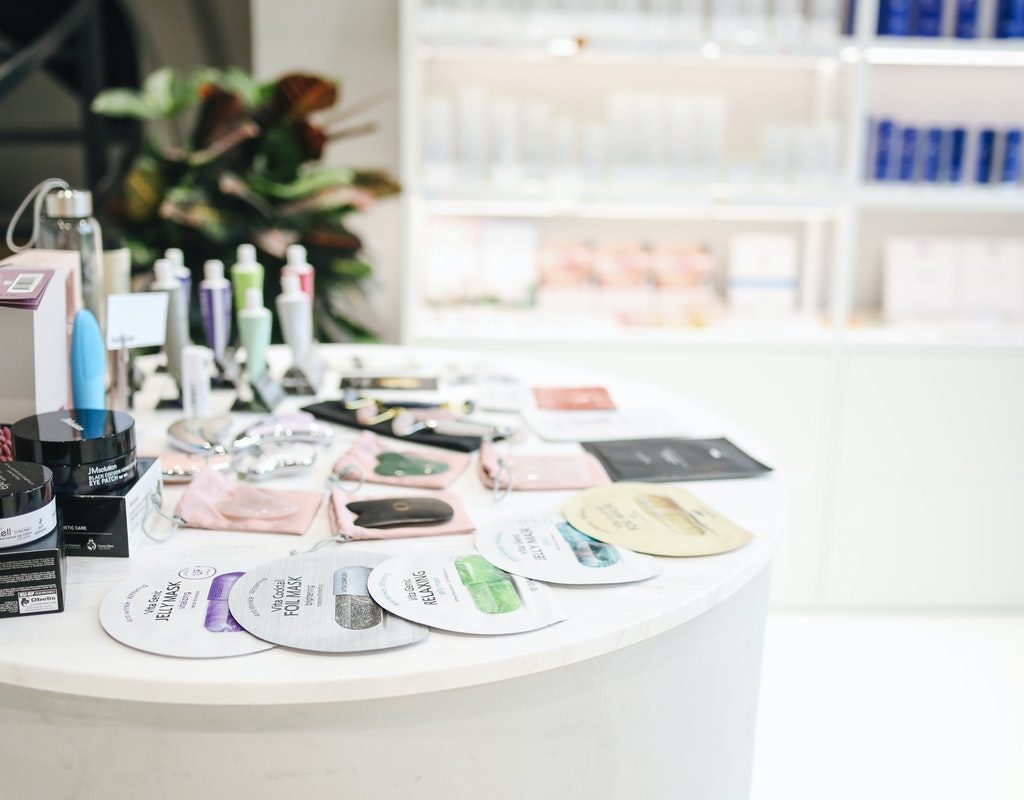 Skin care products arrayed on a table