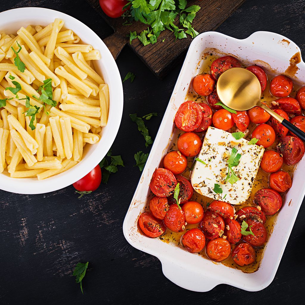 Pasta, feta, and tomato
