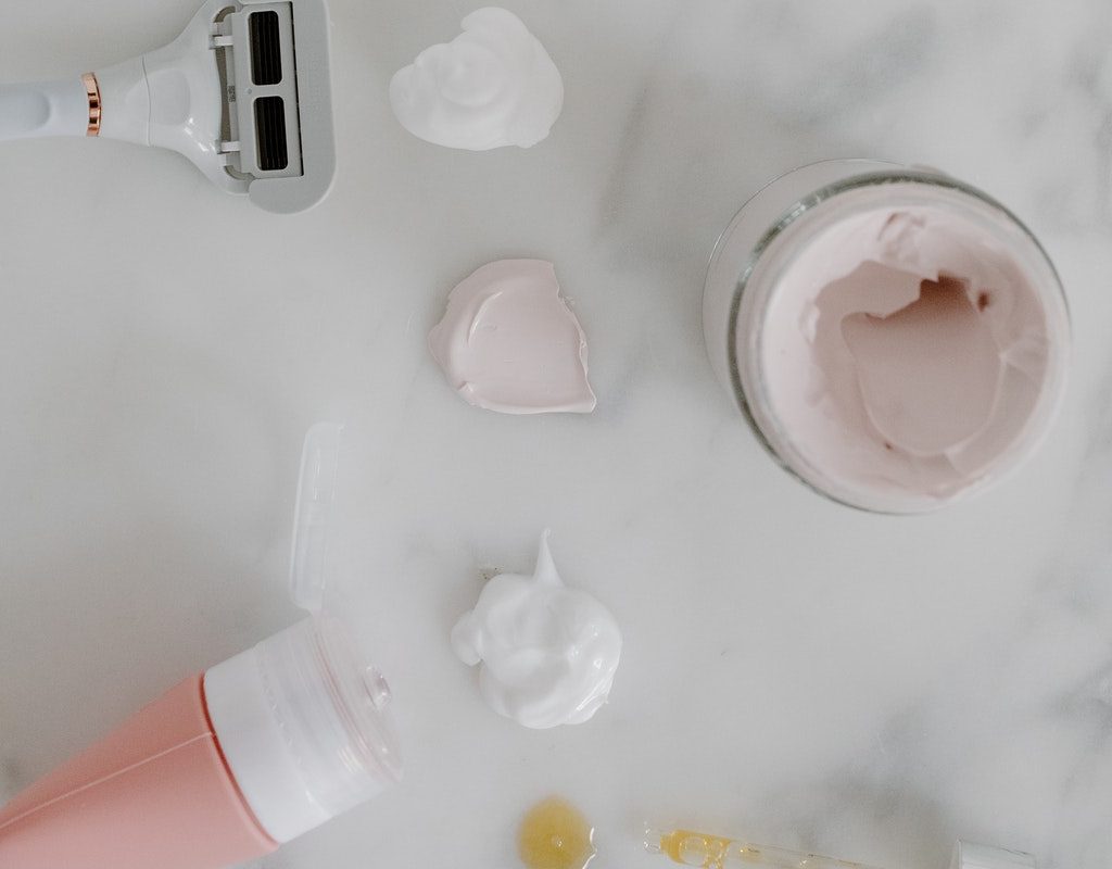 Shaving tools all over a table.