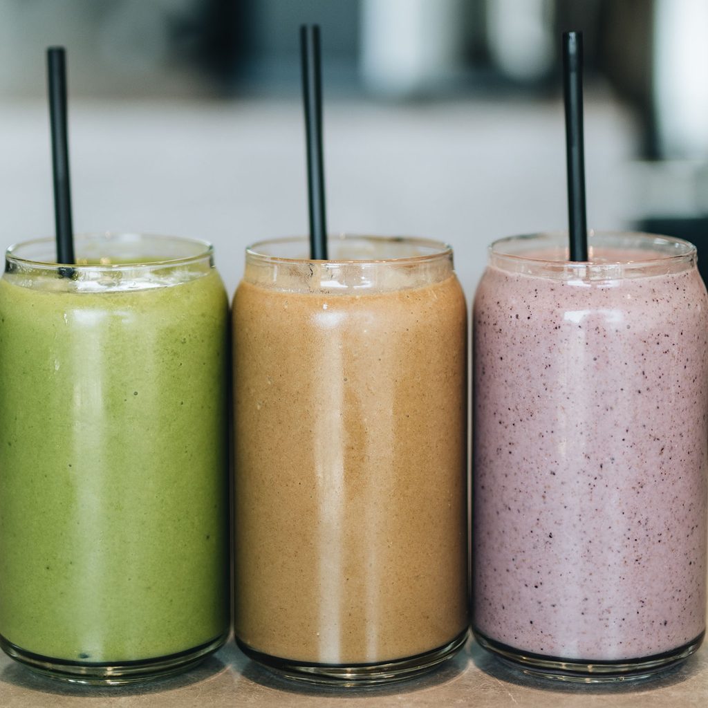 Three colorful smoothies