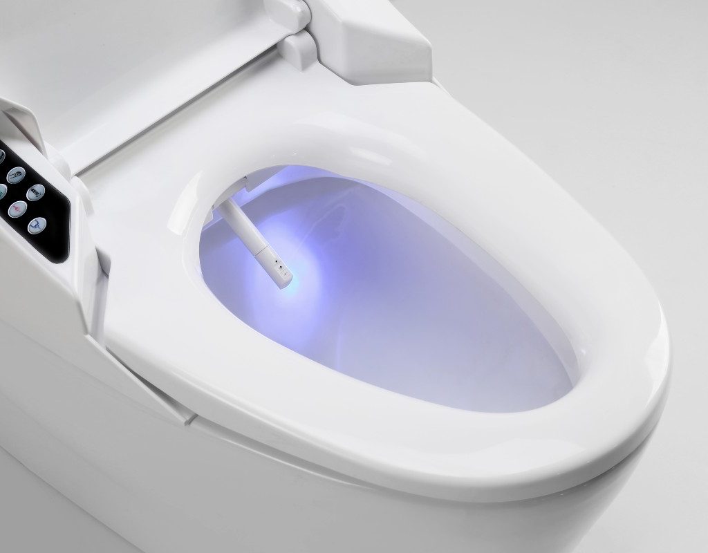 a bidet toilet seat with a lit wand