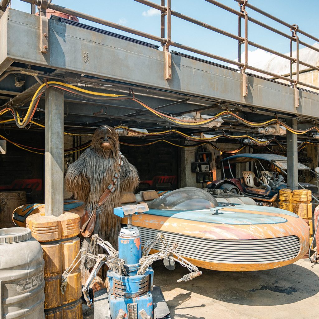 Chewbacca in a garage at Galaxy's Edge in Disney World