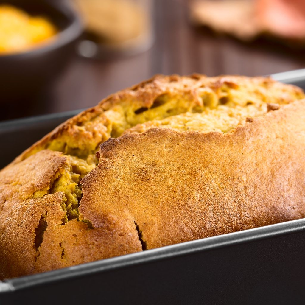 Close-up of pumpkin bread in a pan