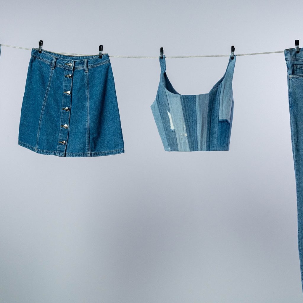 Denim clothes hanging on a clothesline