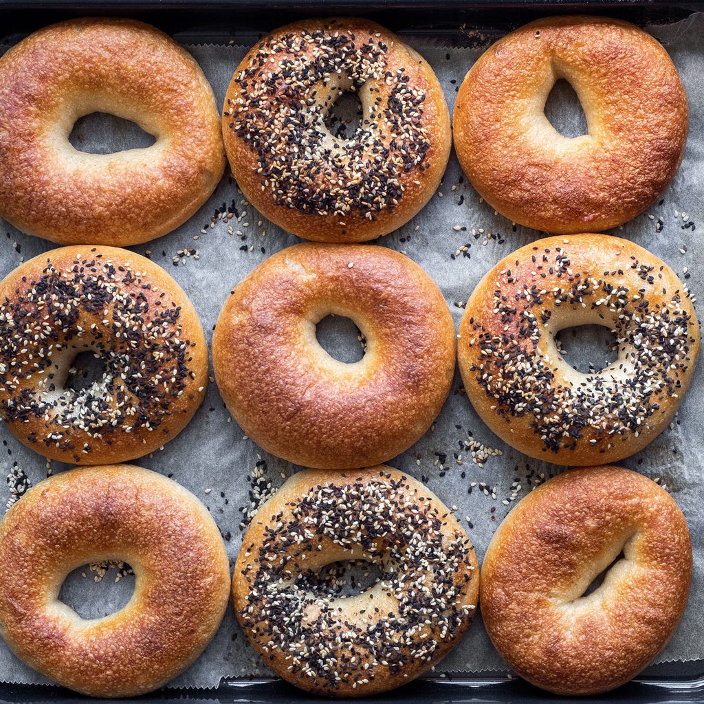 Homemade bagels on a pan