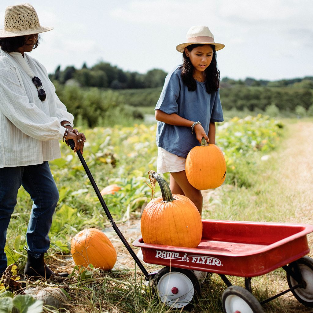 Mother and daughter picking pumpkins with a wagon