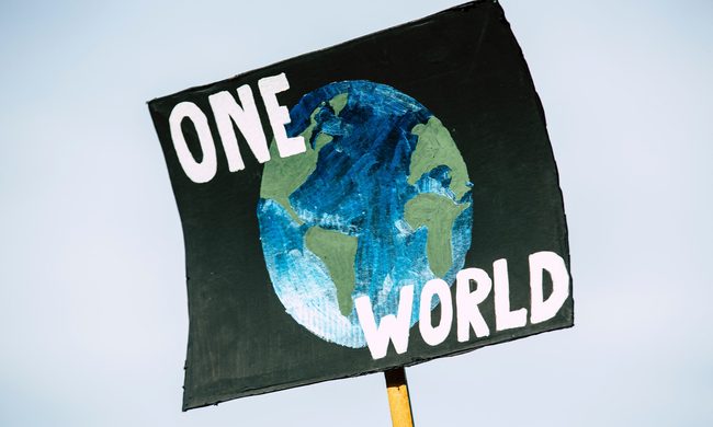 One world climate protest sign