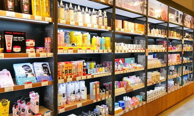 An aisle of Korean beauty products.