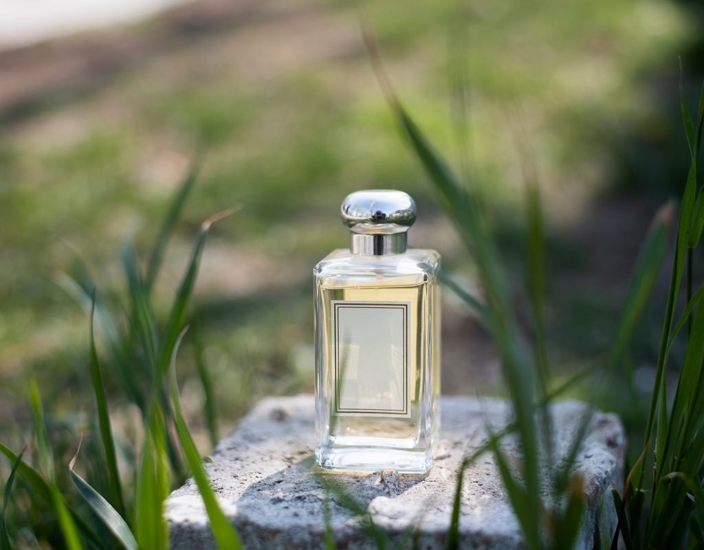 a fragrance bottle sitting on a stone in the grass.