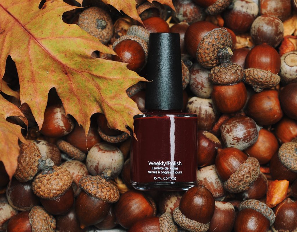 A deep berry nail polish on a bed of acorns.