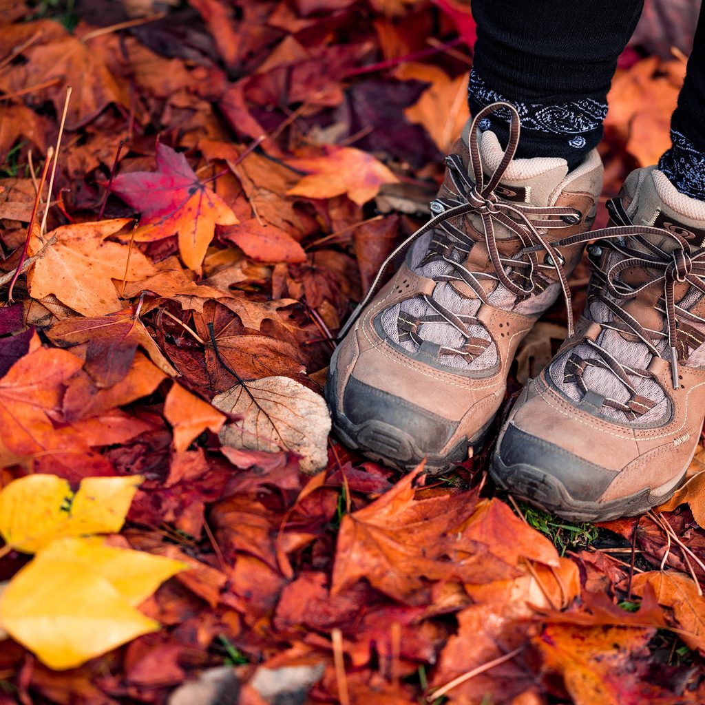 Woman in hiking boots on autumn leaves