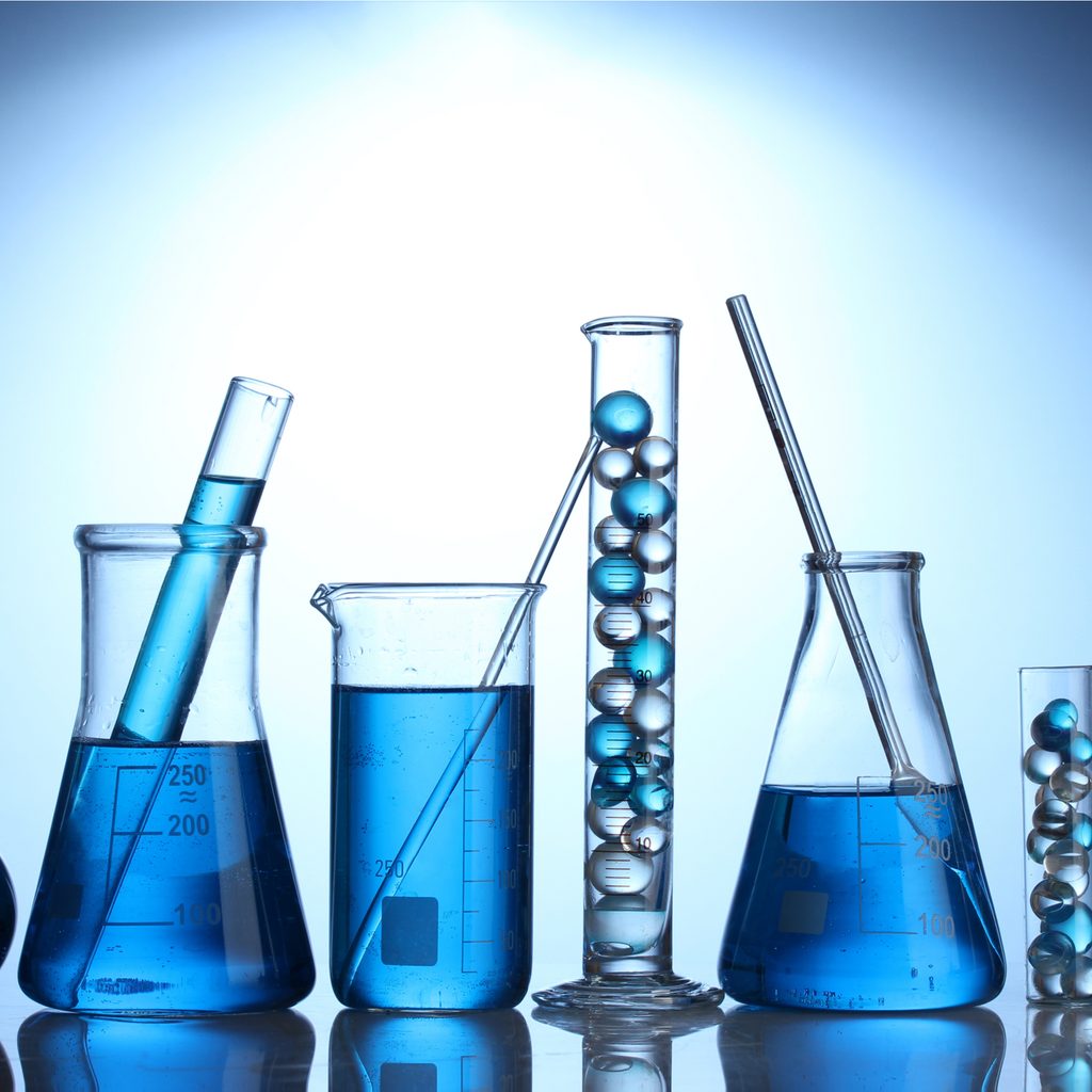 Closeup of assorted chemistry beakers