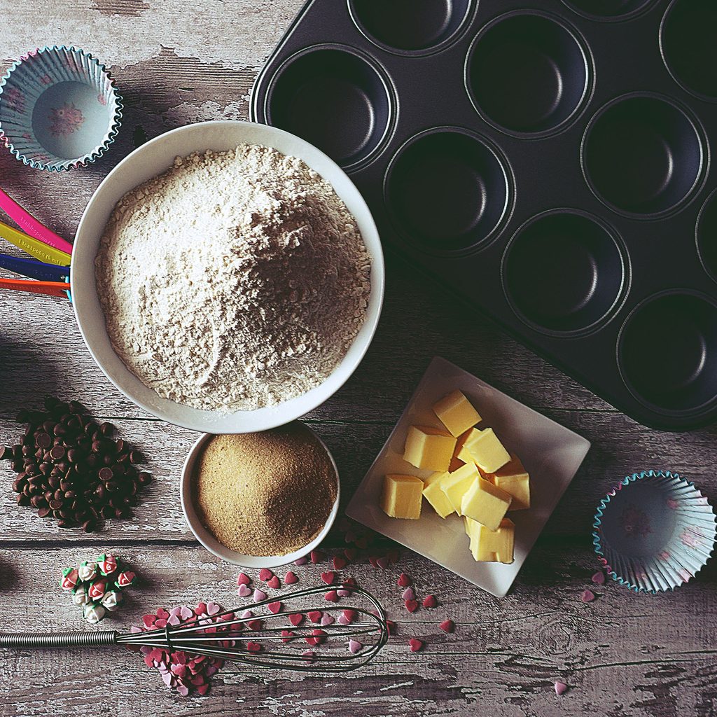 Baking ingredients and tools on table