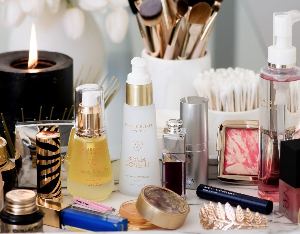 several beauty products on a bathroom counter