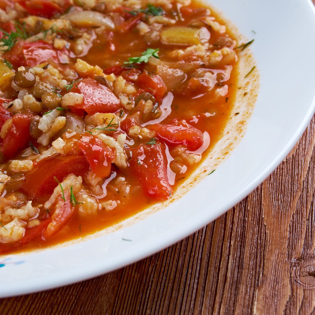 Bowl of lentil and brown rice soup