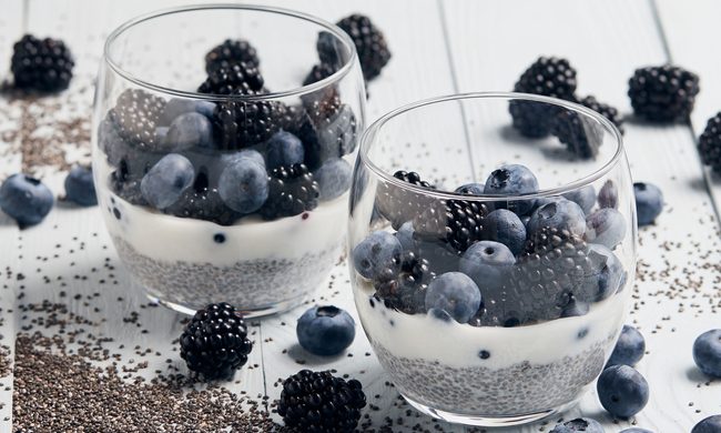 Chia seed, yogurt, and berry parfaits