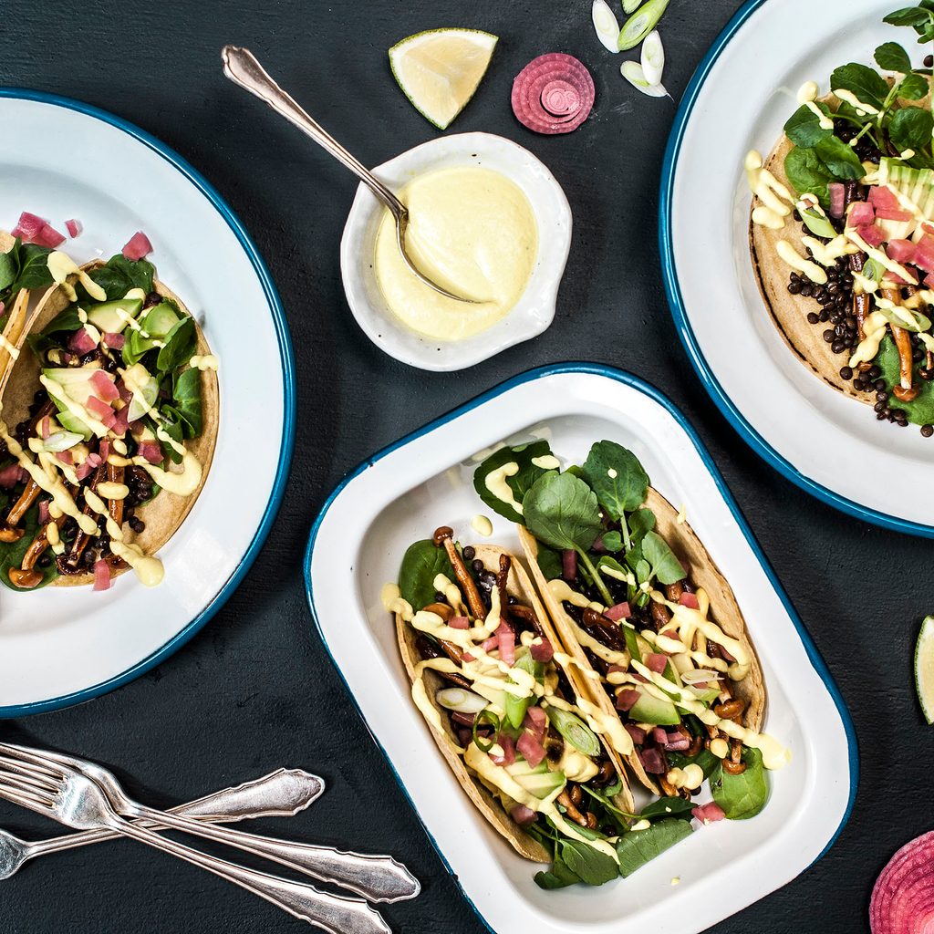 Lentil and mushroom tacos on plates