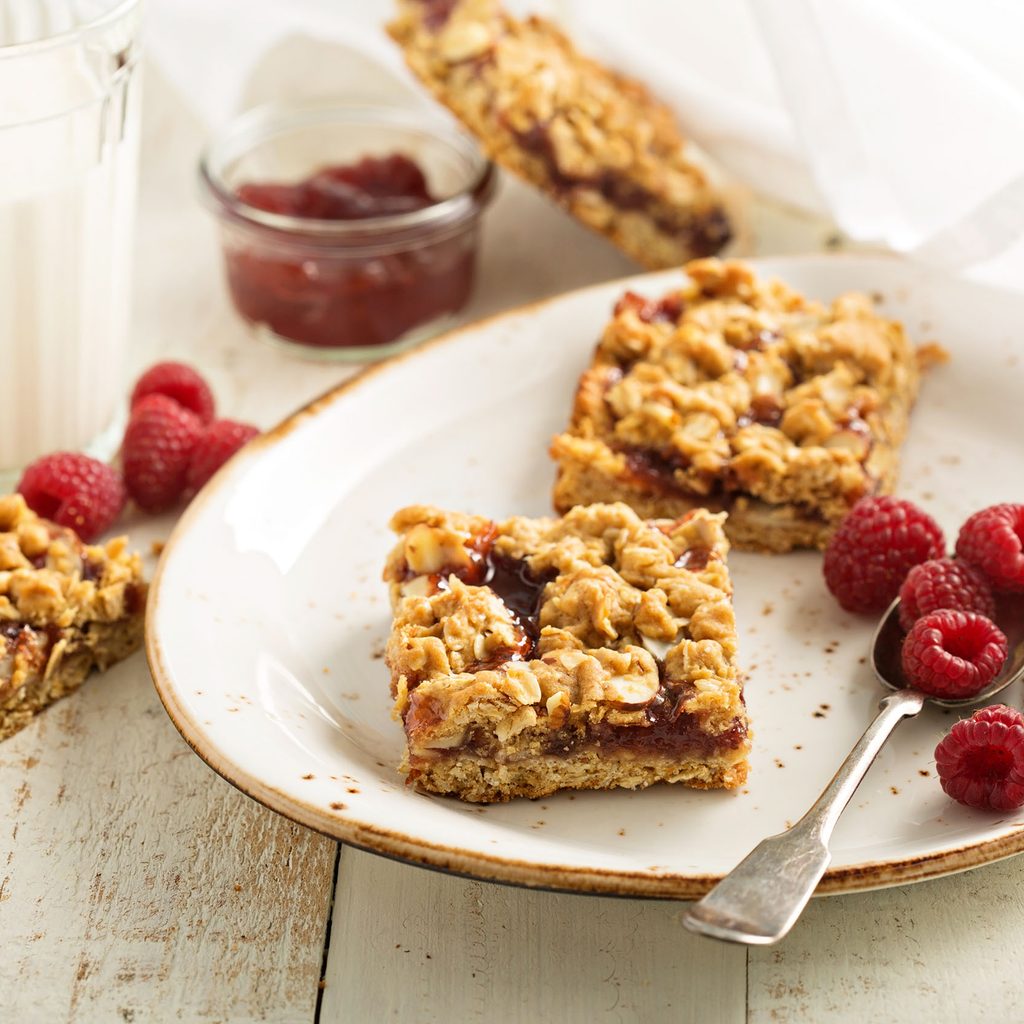 Raspberry oatmeal bars on a plate
