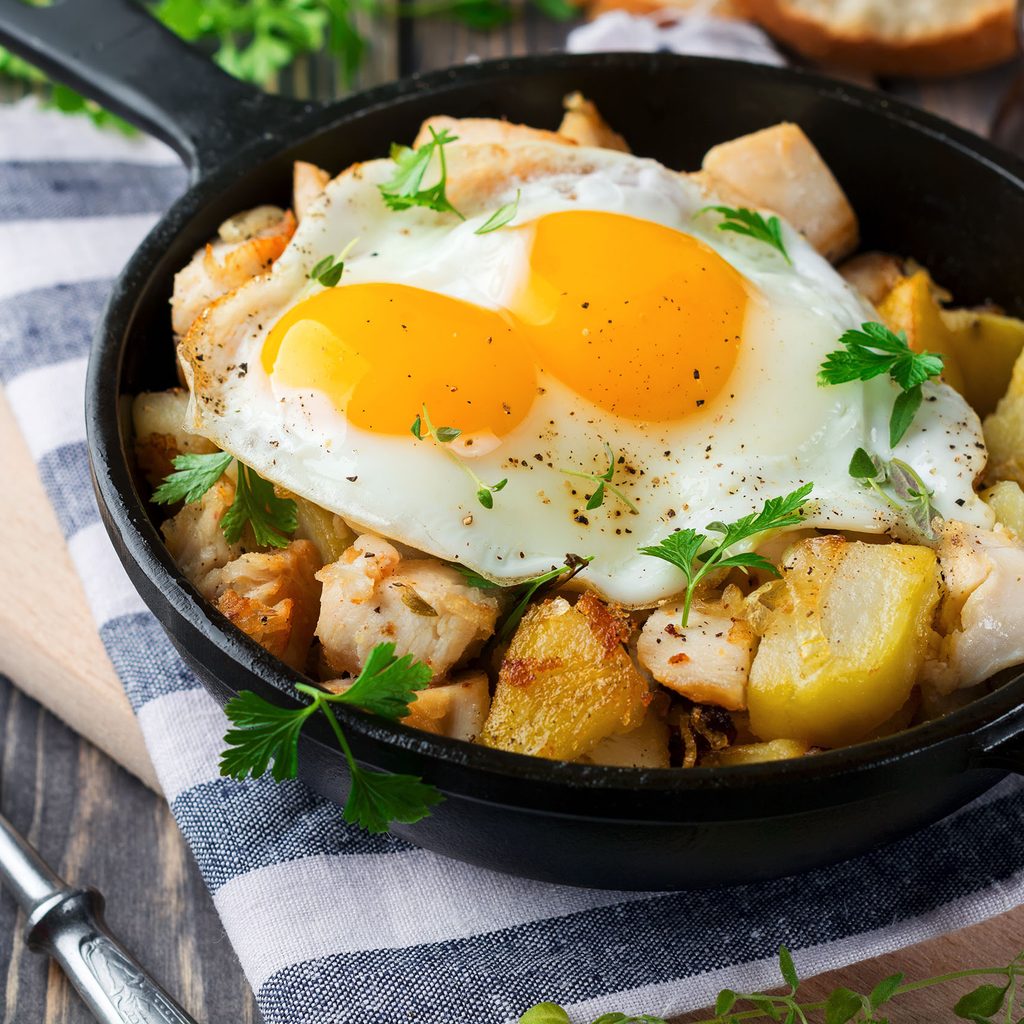 Turkey hash with a fried egg on top