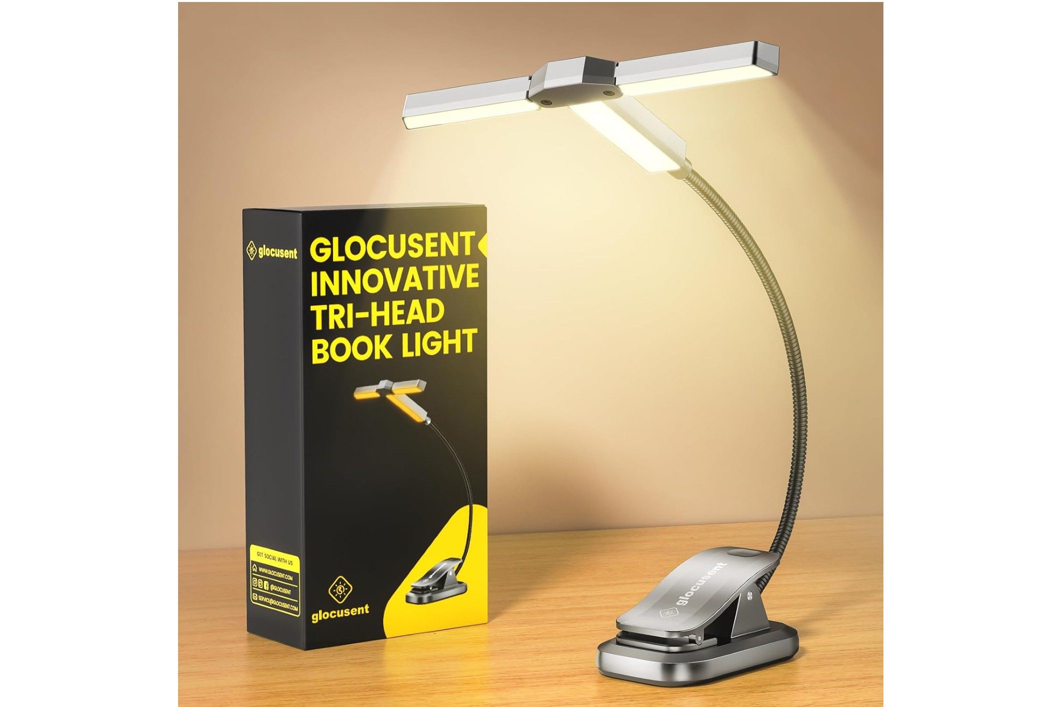Glocusent Innovative Tri-Head Book Light