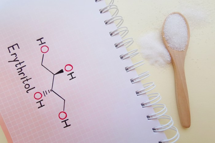 a wooden spoon of erythritol next to the chemical structure of erythritol written on a paper