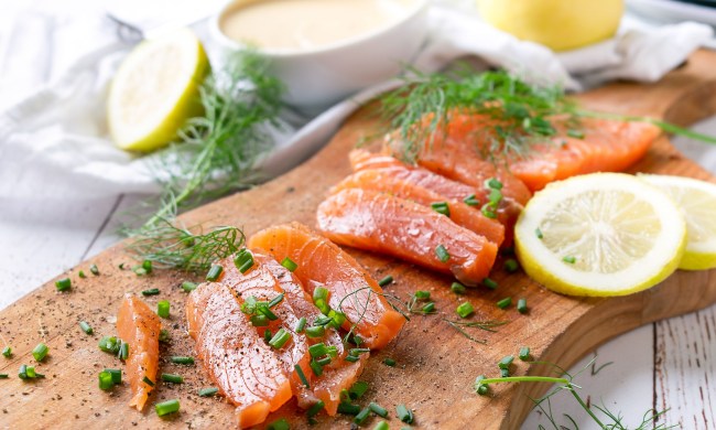 Salmon on a wood cutting board