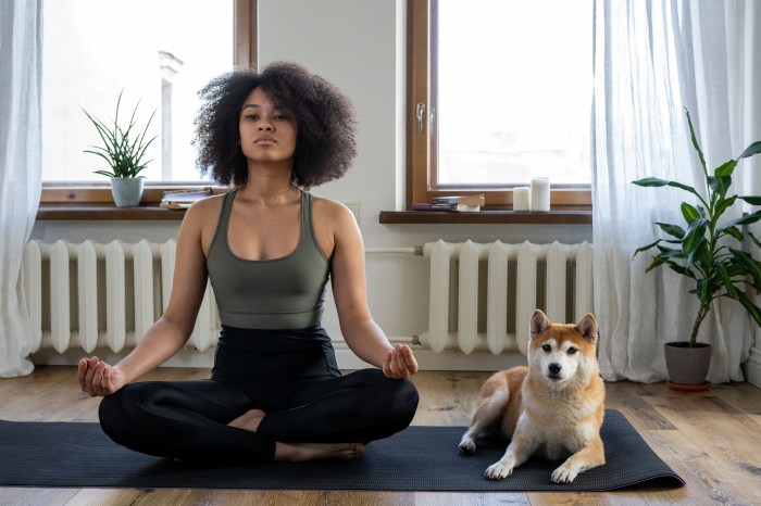 Woman doing yoga at home with her dog