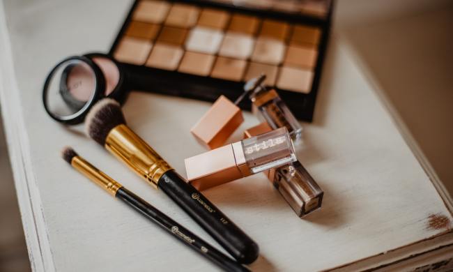 Makeup laid out on a table.