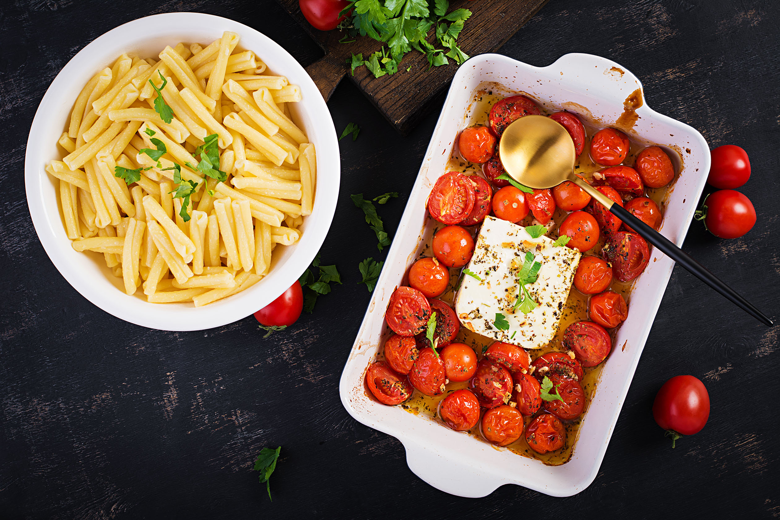 Pasta, feta, and tomato