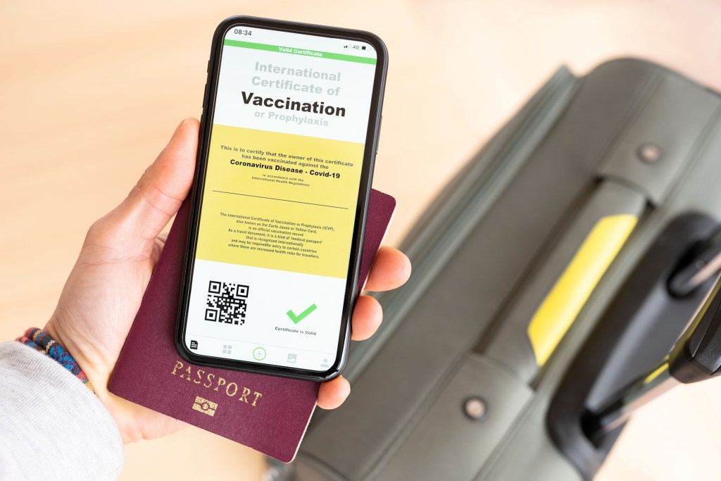 Traveler with a suitcase and vaccine passport