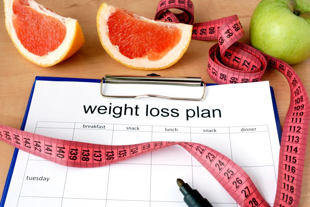 weight loss plan sheet with tape measure and fruit