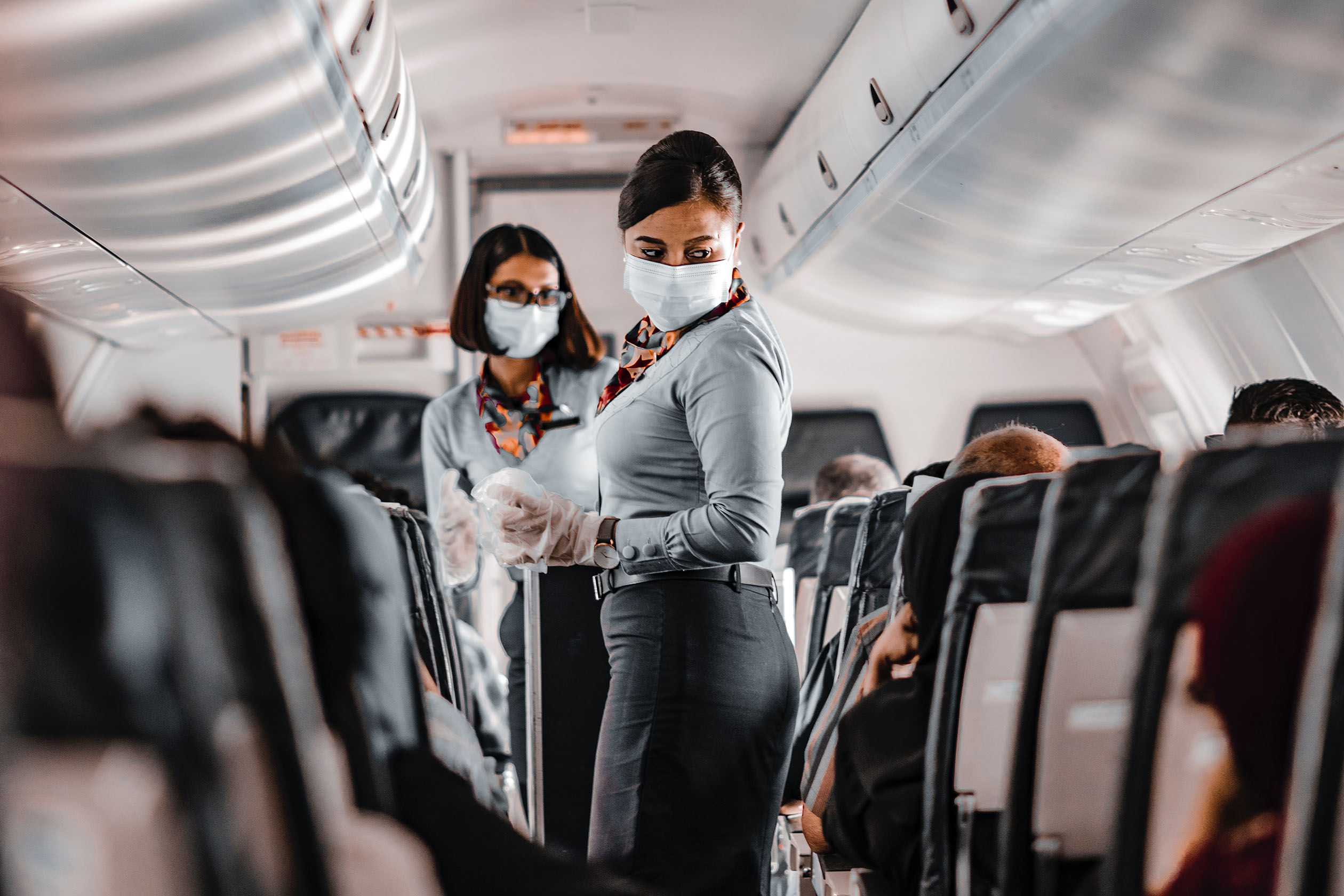 Masked flight attendants on a plane