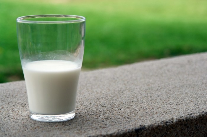 a glass half-full of milk on a concrete slab with grass in the background