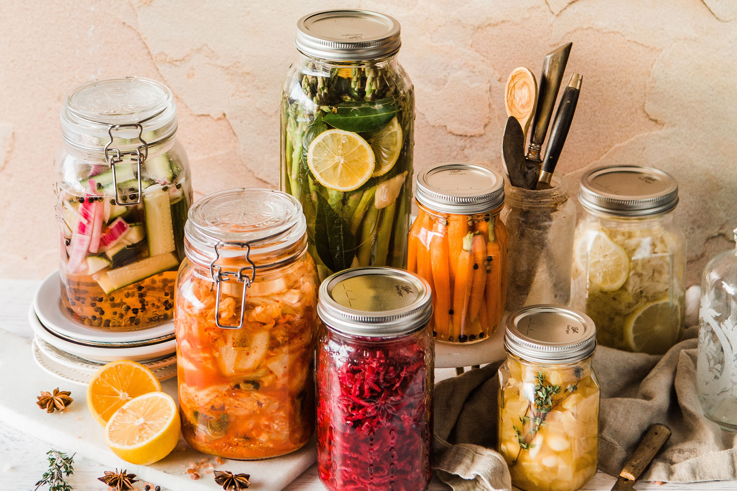 Pickled vegetables in jars