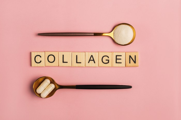 Two spoons with liquid and pill form of collagen with the word in scrabble blocks.