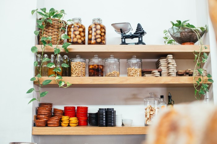 snack shelf organization with glass jars
