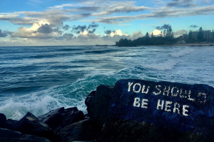 "You should be here" written in white lettering on a dark gray rock on a beach