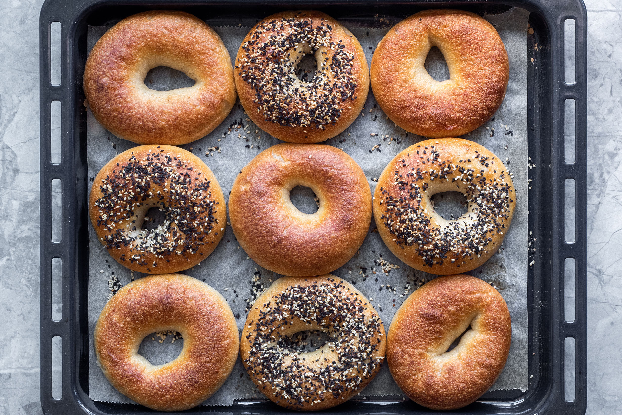 Homemade bagels on a pan