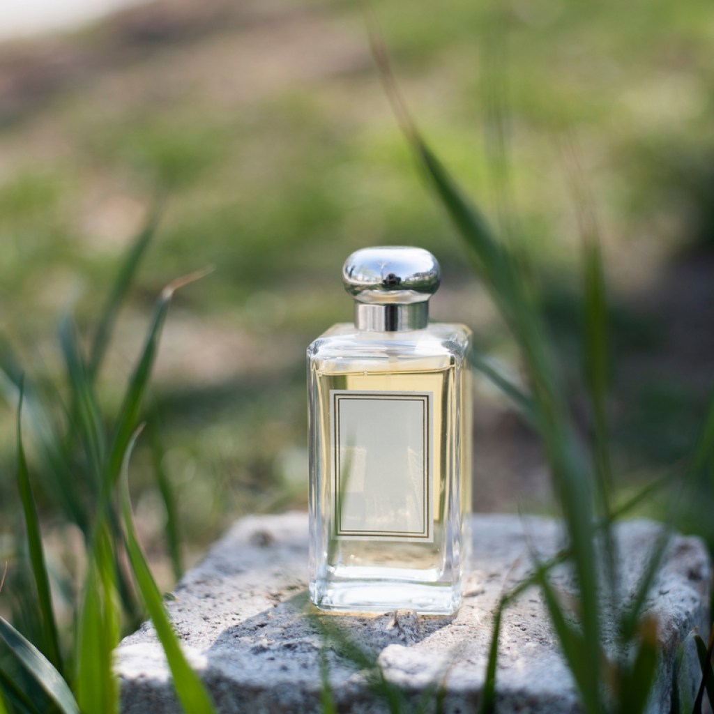 a fragrance bottle sitting on a stone in the grass.