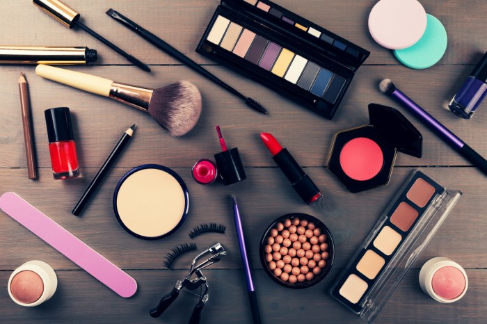 A variety of cosmetics on a table.