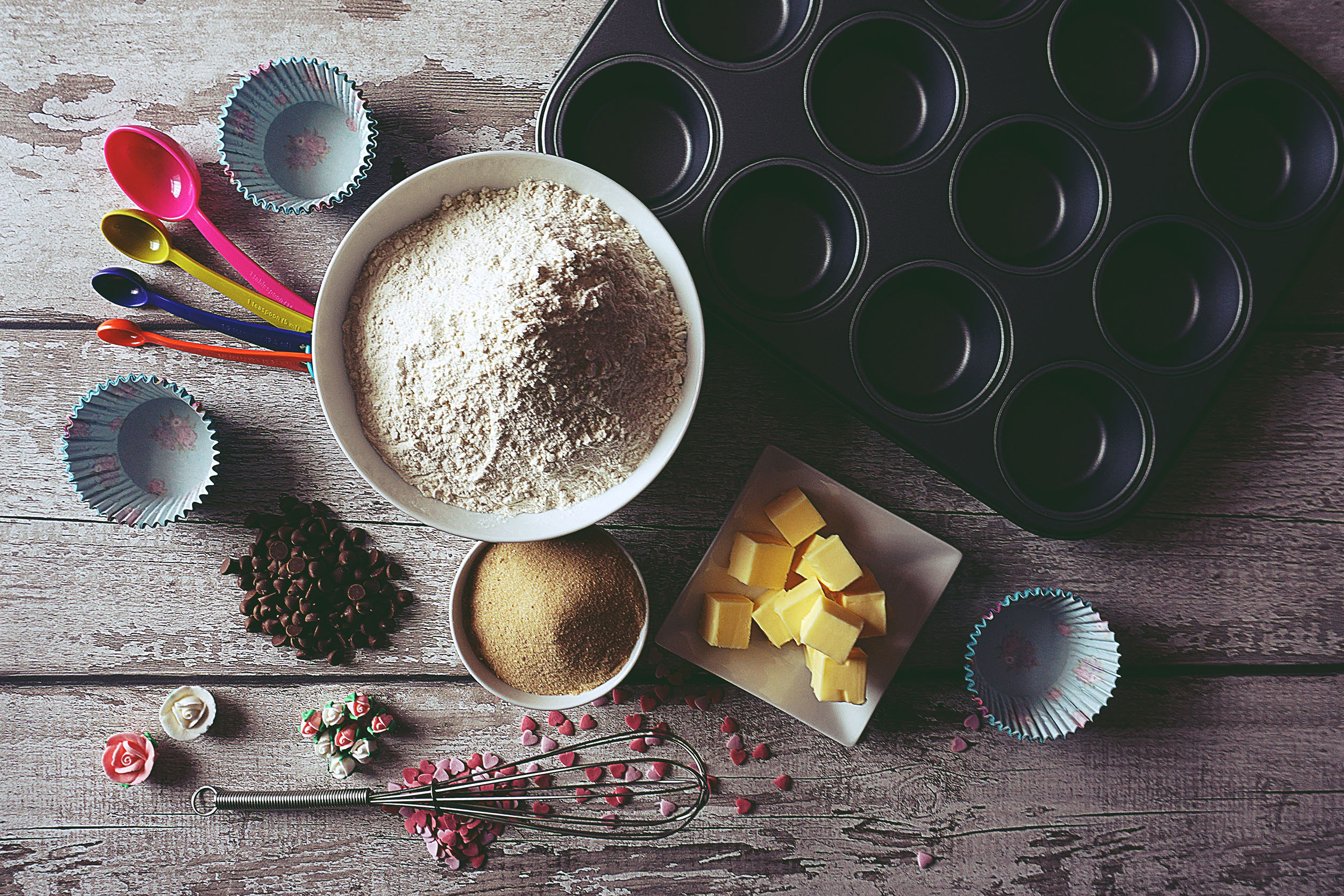 Baking ingredients and tools on table