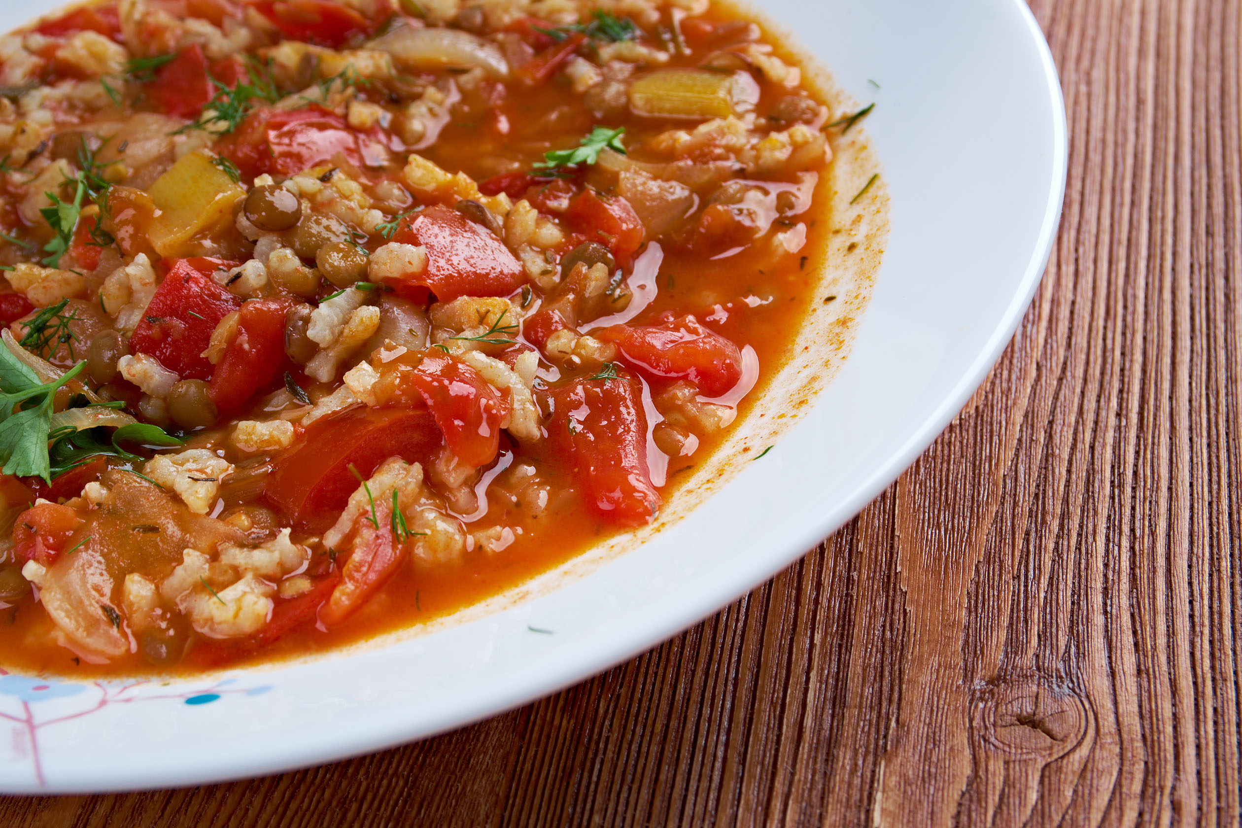 Bowl of lentil and brown rice soup