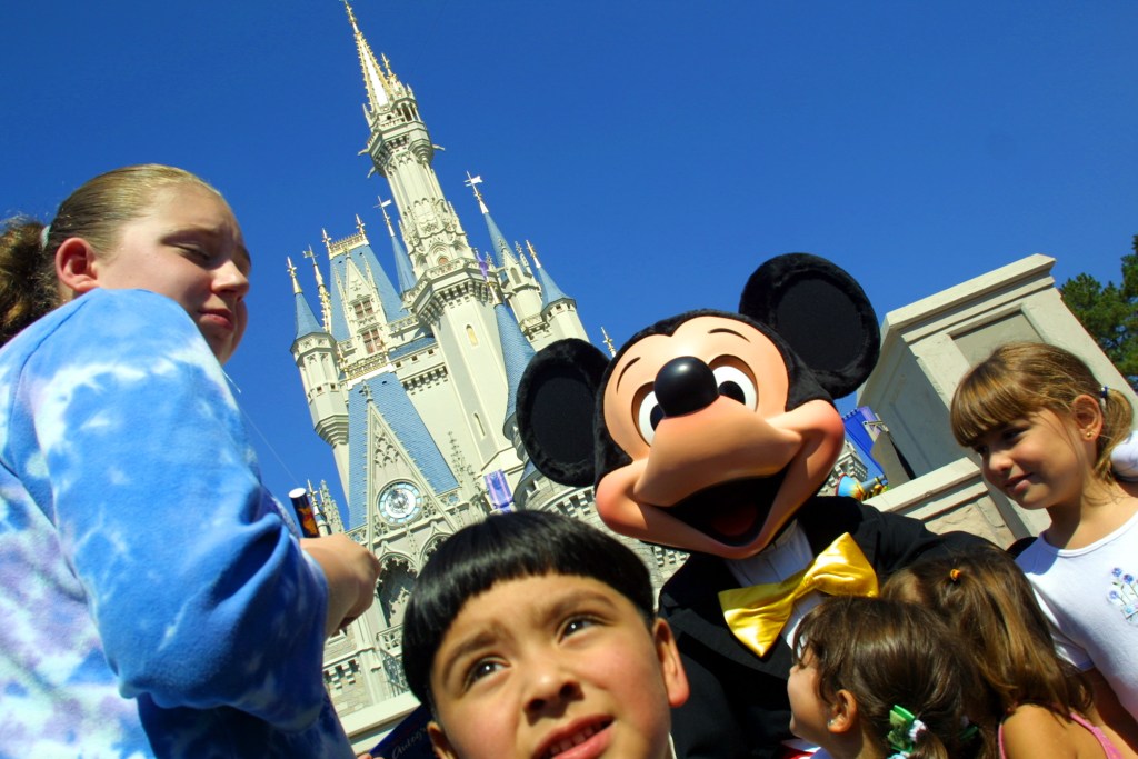Close up of kids with Mickey Mouse at Disney World