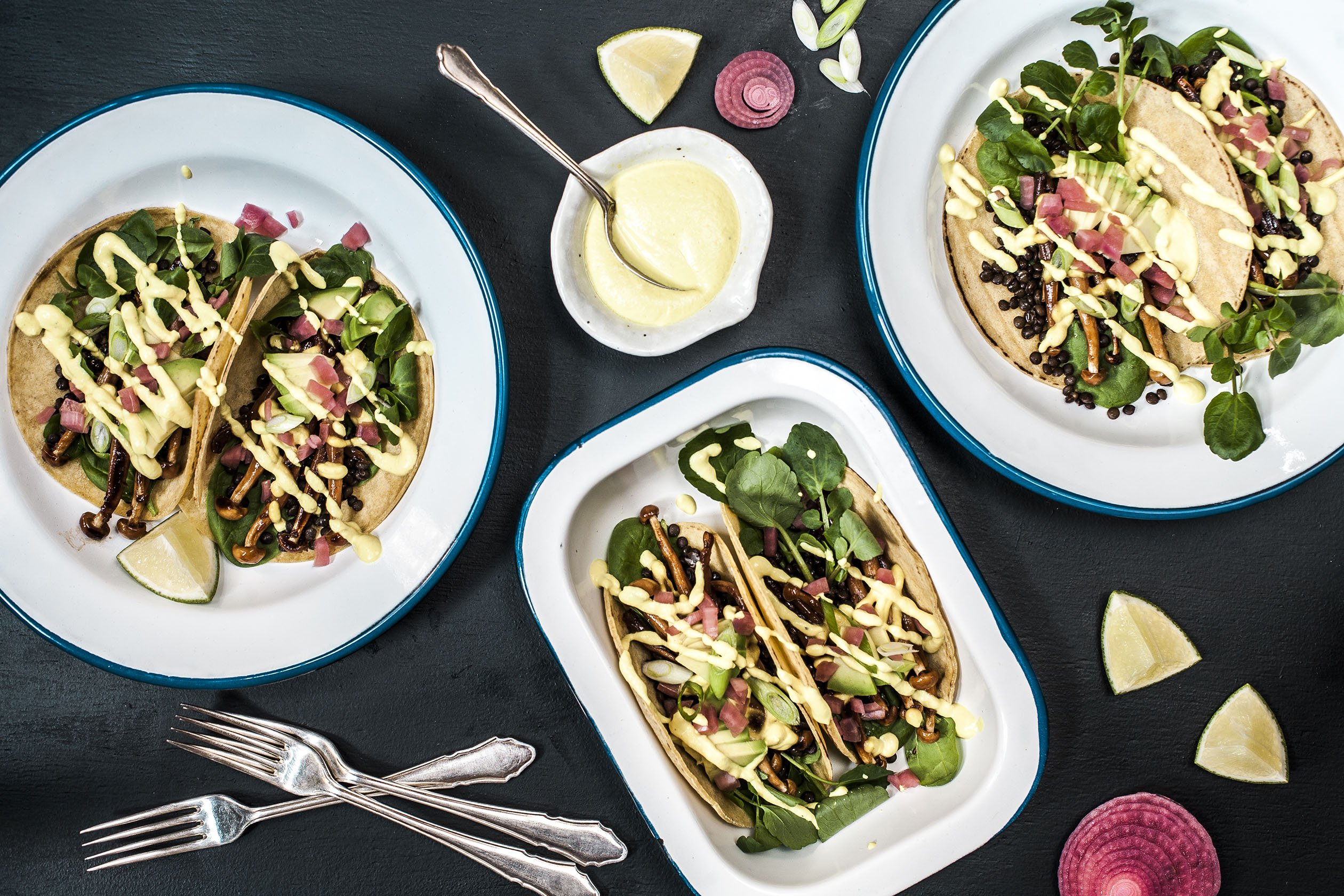 Lentil and mushroom tacos on plates