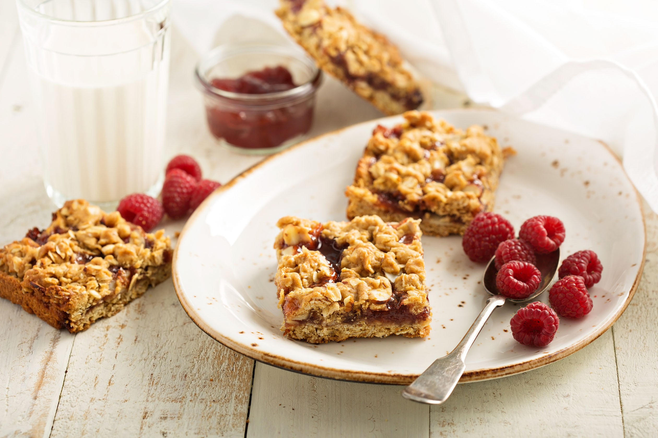 Raspberry oatmeal bars on a plate