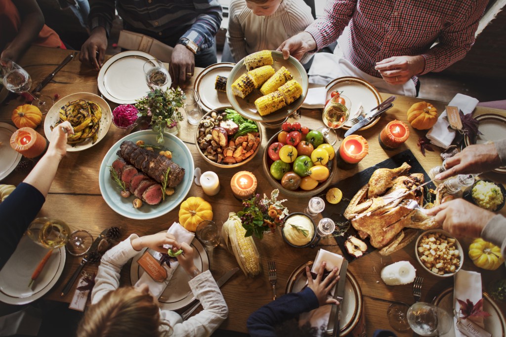 Closeup of food on Thanksgiving table