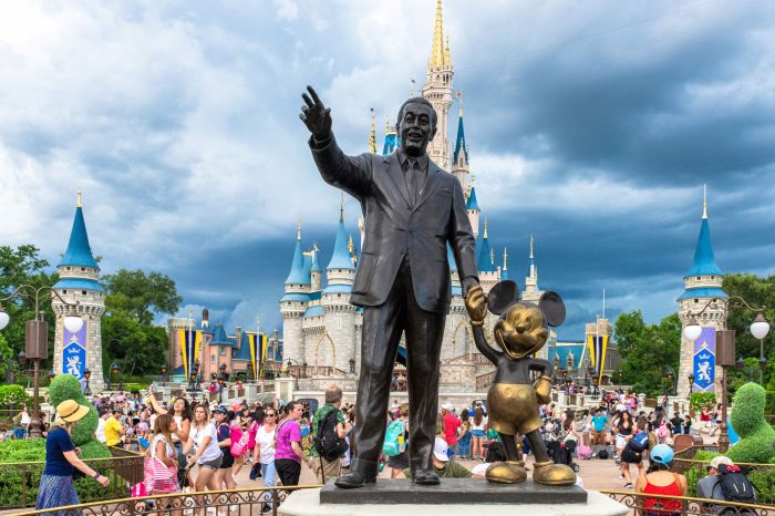 Iconic Walt Disney and Mickey Mouse statue in front of Cinderella Castle