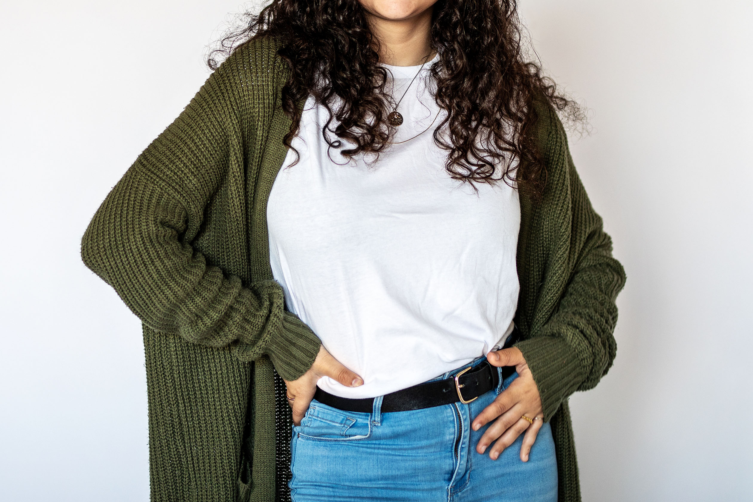 Woman wearing oversized cardigan